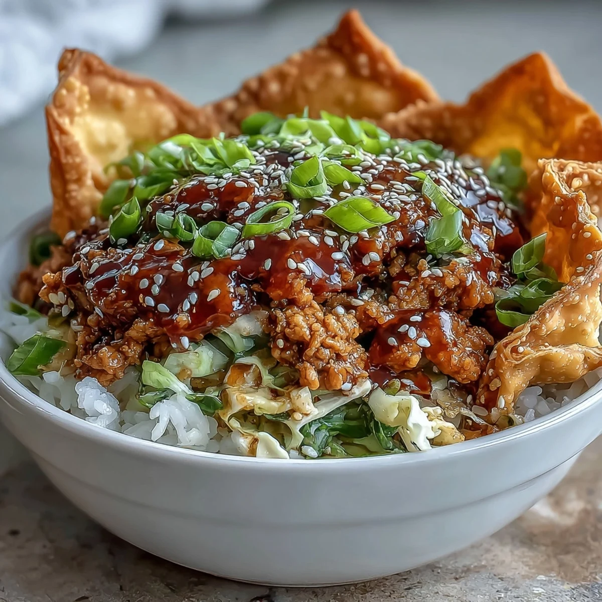 A close-up of Crispy Baked Egg Roll Chicken Bowls, revealing colorful vegetables and crisp wonton strips, ready to enjoy for dinner.