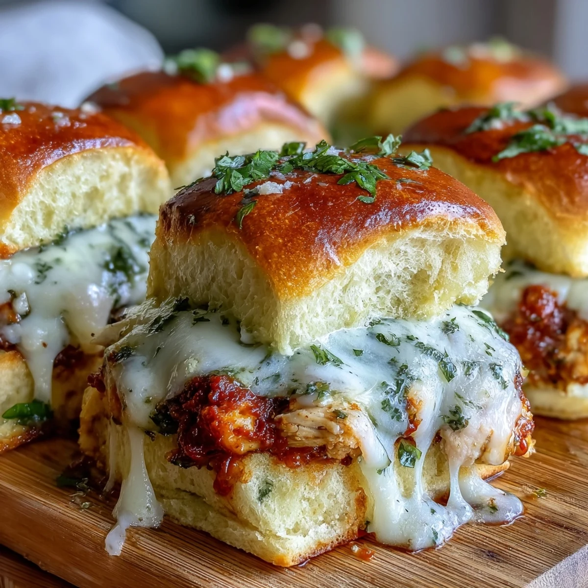 Freshly baked Pesto Chicken Parmesan Sliders on parchment, steam rising beside a small bowl of marinara for dipping.