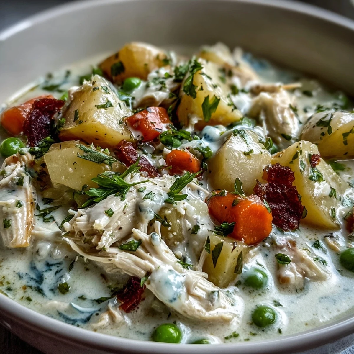 Deliciosa Creamy Chicken Pot Pie Soup con textura cremosa, trozos de papa y apio, coronada con perejil picado.