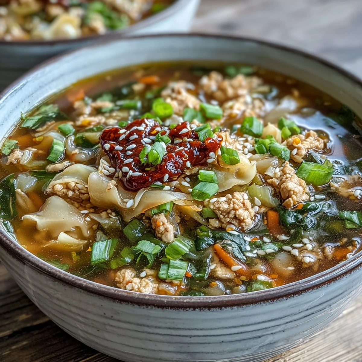 Caldo reconfortante de Egg Roll Soup con pollo y col en tazón, con zanahorias y cebolín, servido con cucharada de chili crisp picante.