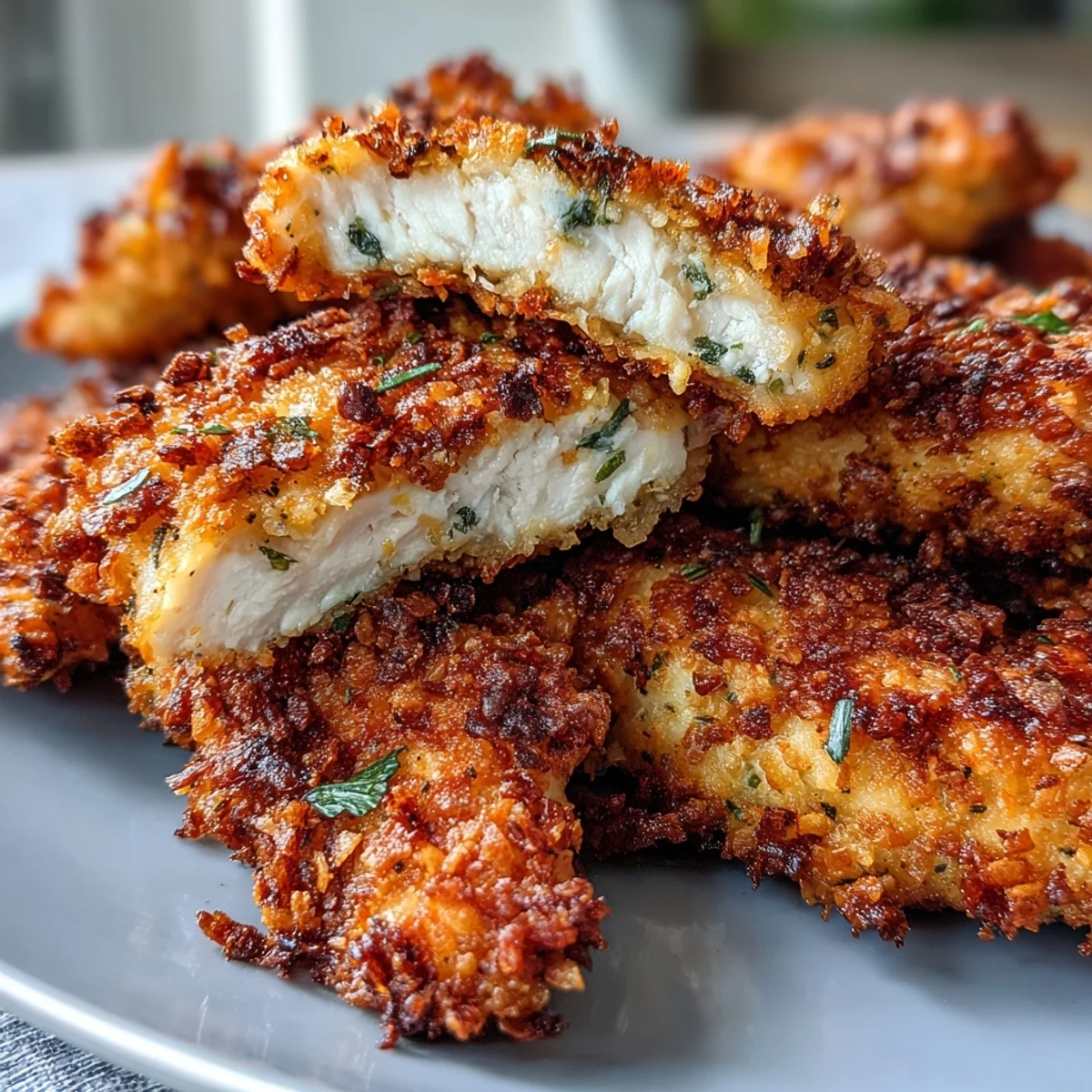 Crispy Panko Ranch Chicken Tenders con un toque de ajo y pimentón, horneadas hasta quedar doradas y crujientes.
