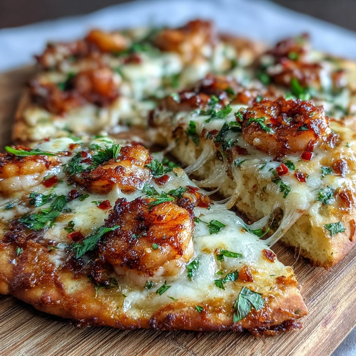 Pizza de Garlic Butter Shrimp Naan recién horneada con queso mozzarella derretido y camarones brillantes.