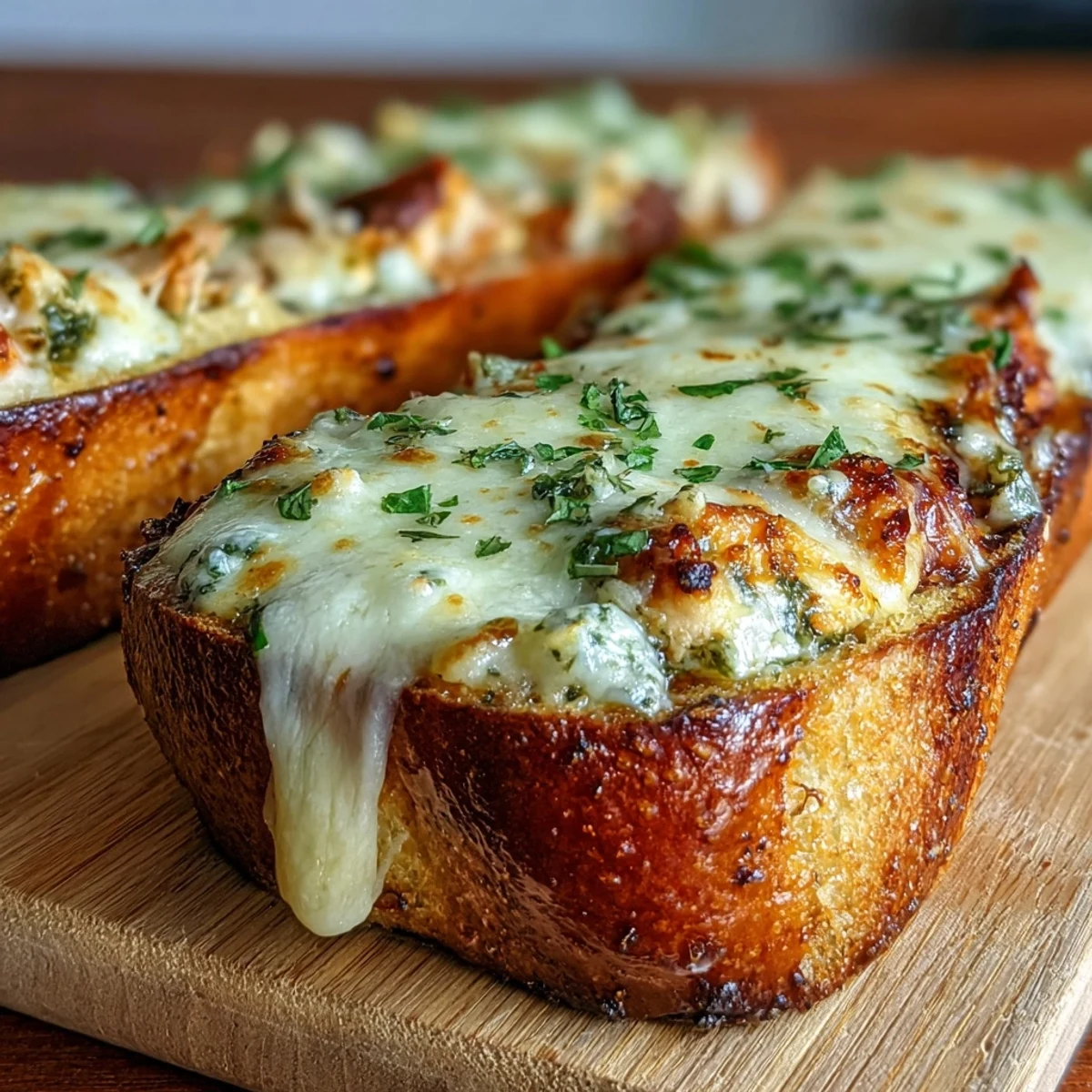 Barcos de pan de ajo rellenos de pollo al pesto con mozzarella fundida en una bandeja de horno.