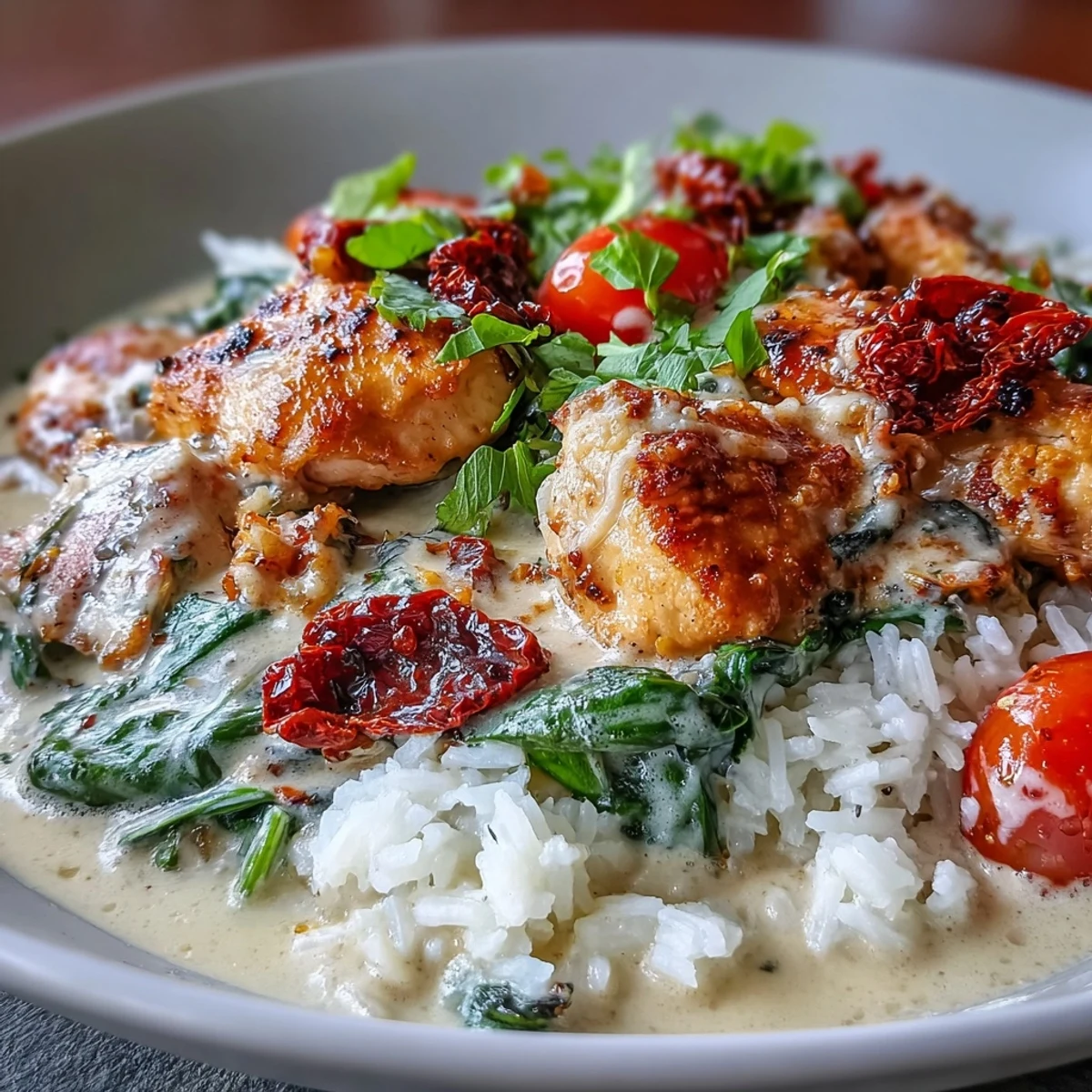 Crema Tuscan de Pollo y Arroz con espinacas y tomates secos en sartén.