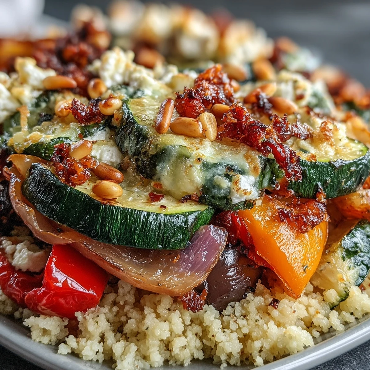 Bright Roasted Veggie & Feta Couscous Bake garnished with parsley, with roasted eggplant and bell peppers for a Mediterranean flair.