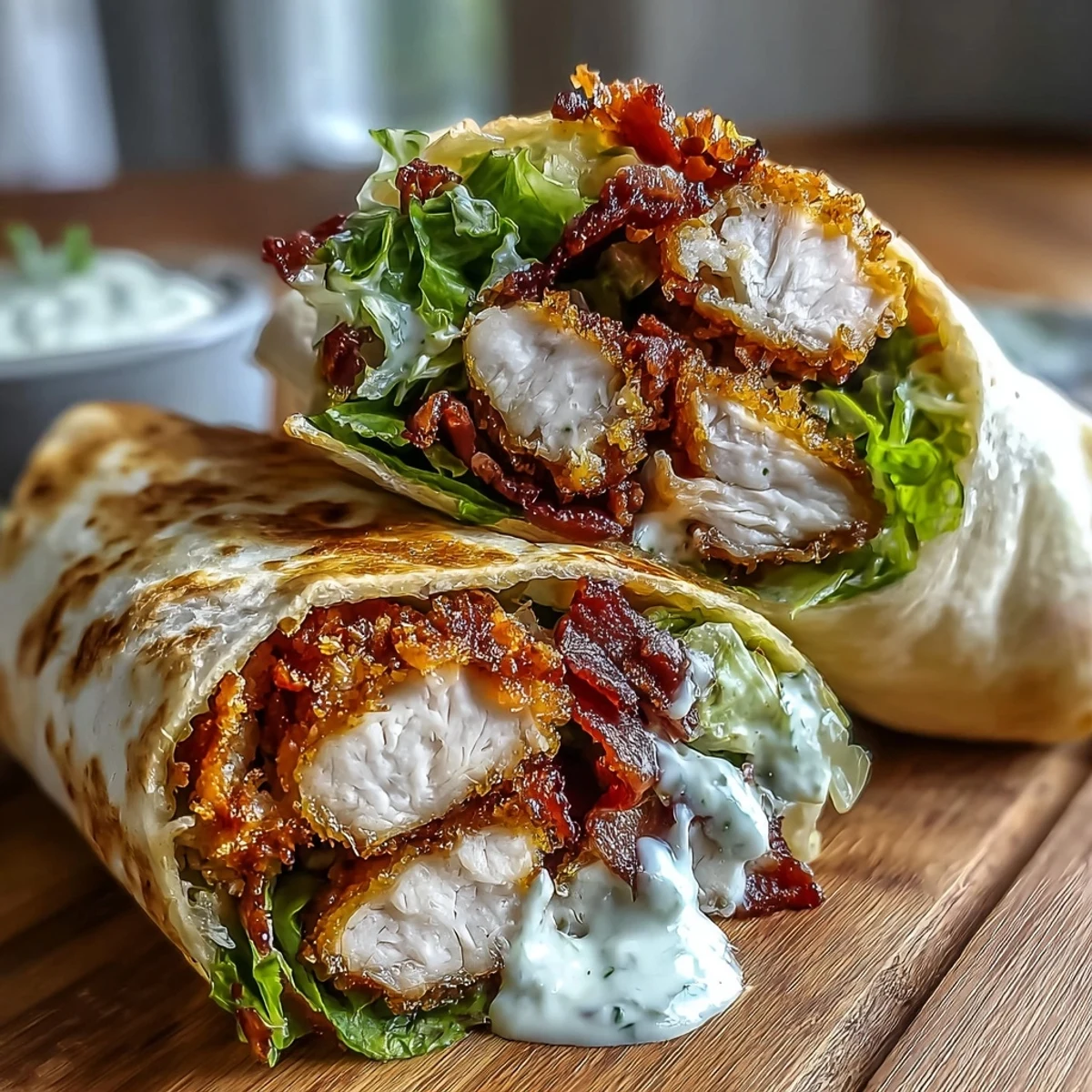 Crispy Chicken Bacon Caesar Wraps rellenos con pollo dorado y tocino crujiente, lechuga romana y aderezo César en tortilla.