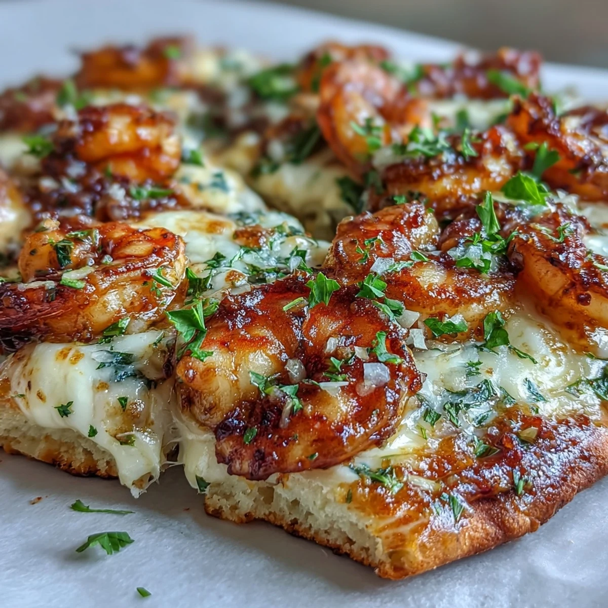 Golden, broiled Garlic Butter Shrimp Naan Pizzas fresh from the oven, bubbling with mozzarella and herbs. 