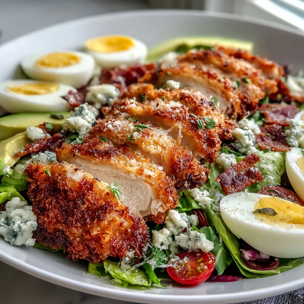 Fresh Cobb salad drizzled with tangy dressing and crowned with golden Parmesan Crusted Chicken thighs.