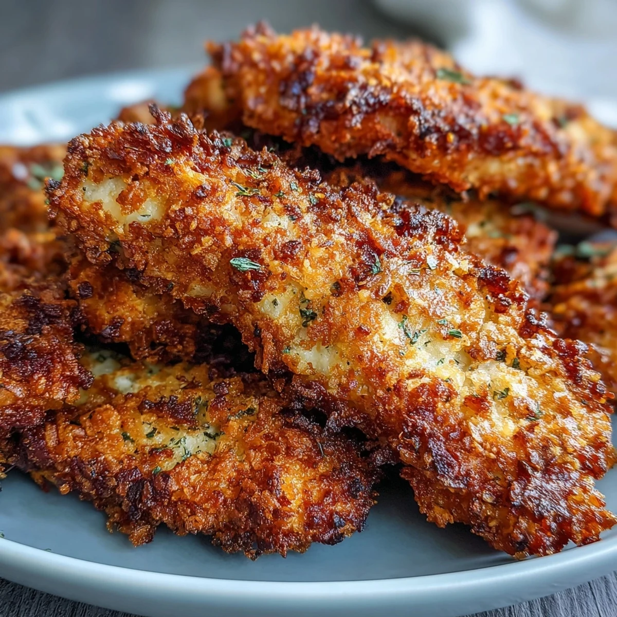 Crispy Panko Ranch Chicken Tenders dorados en el horno, con un crujiente de panko y salsa ranch, servidos con perejil fresco.
