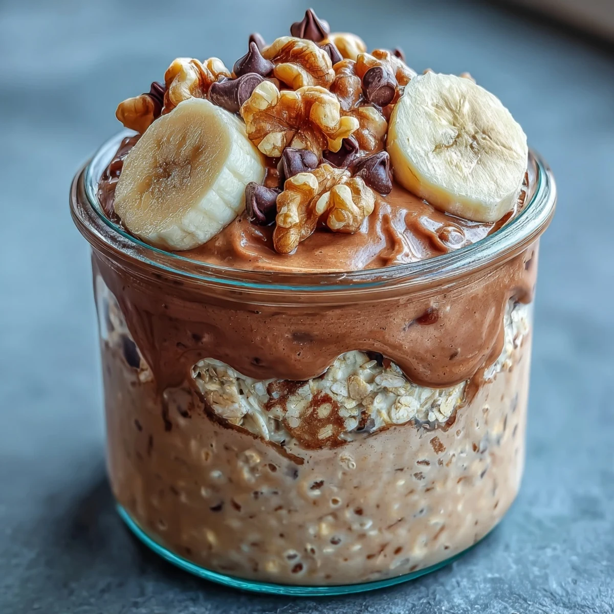 Desayuno nutritivo de Chunky Monkey Protein Overnight Oats con cacao, yogur griego y chorritos de mantequilla de cacahuate.