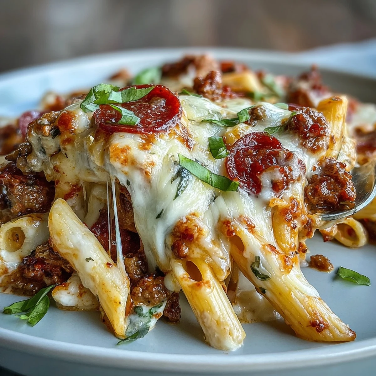 Cuchara sirviendo una porción generosa de High-Protein Pizza Pasta Bake con salsa de tomate cremosa y queso.