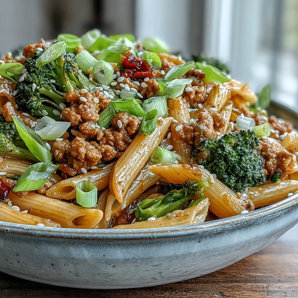 A serving of sweet and spicy turkey broccoli pasta garnished with sliced green onions and toasted sesame seeds.