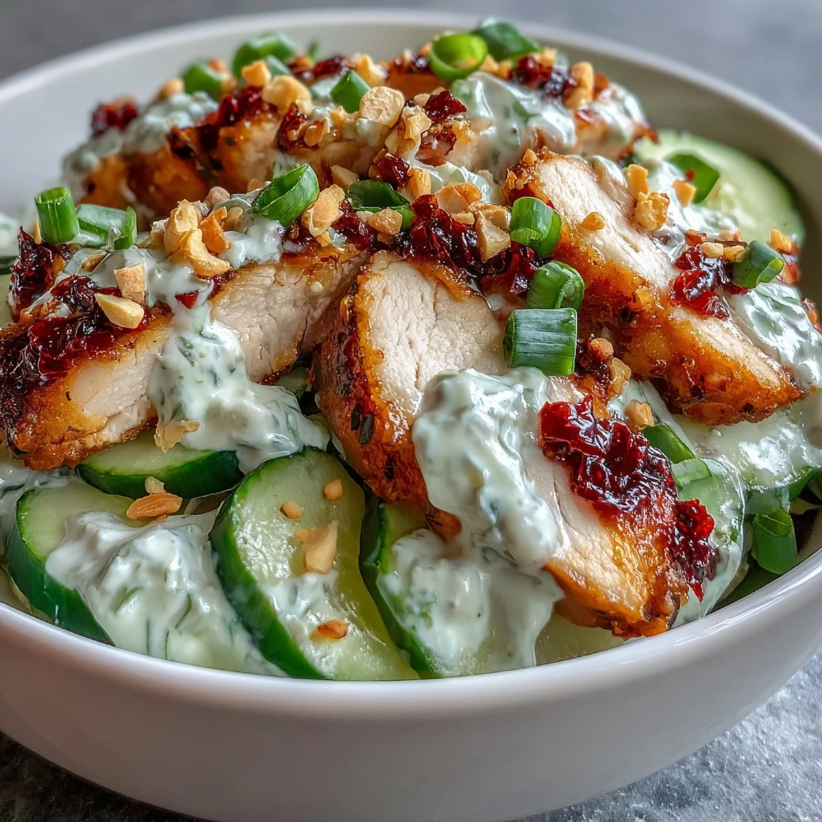 TikTok Chili-Crisp Cucumber Chicken Bowls con pollo dorado, ensalada cremosa de pepino y un chorrito de aceite de chili crujiente