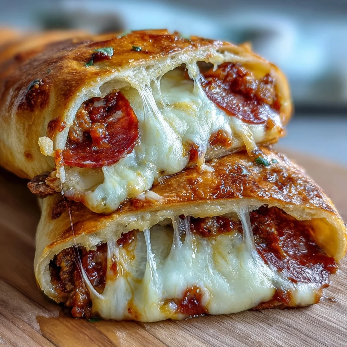 Delicioso Baked High-Protein Pepperoni Stromboli recién horneado, mostrando corte transversal con relleno de carne magra y pepperoni para una cena familiar.