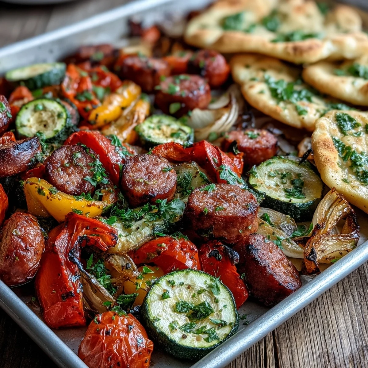 Smoky Sheet Pan Sausage & Veggies with Naan on a rustic table, featuring juicy sausage links, roasted red bell peppers, zucchini, and cherry tomatoes, plus warm garlic naan for dipping.