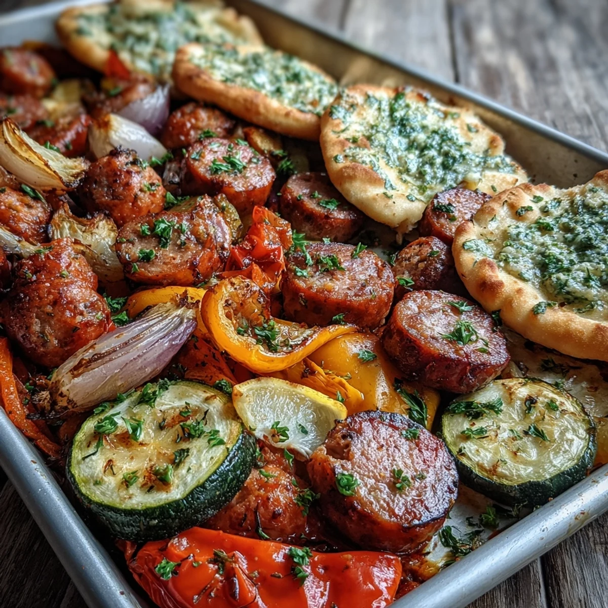 A close-up of Smoky Sheet Pan Sausage & Veggies with Naan, highlighting golden charred edges on vegetables and sausage, sprinkled with fresh parsley and lemon wedges on the side.