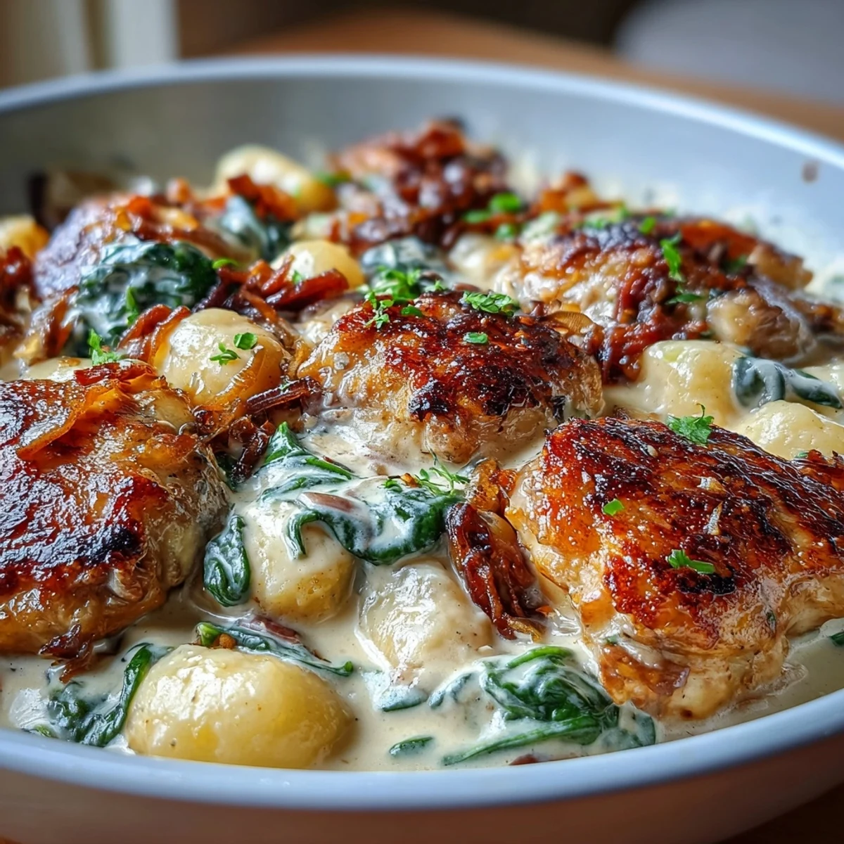 Chicken thighs seared and baked in a creamy garlic Parmesan sauce with tender gnocchi and wilted spinach in a skillet.