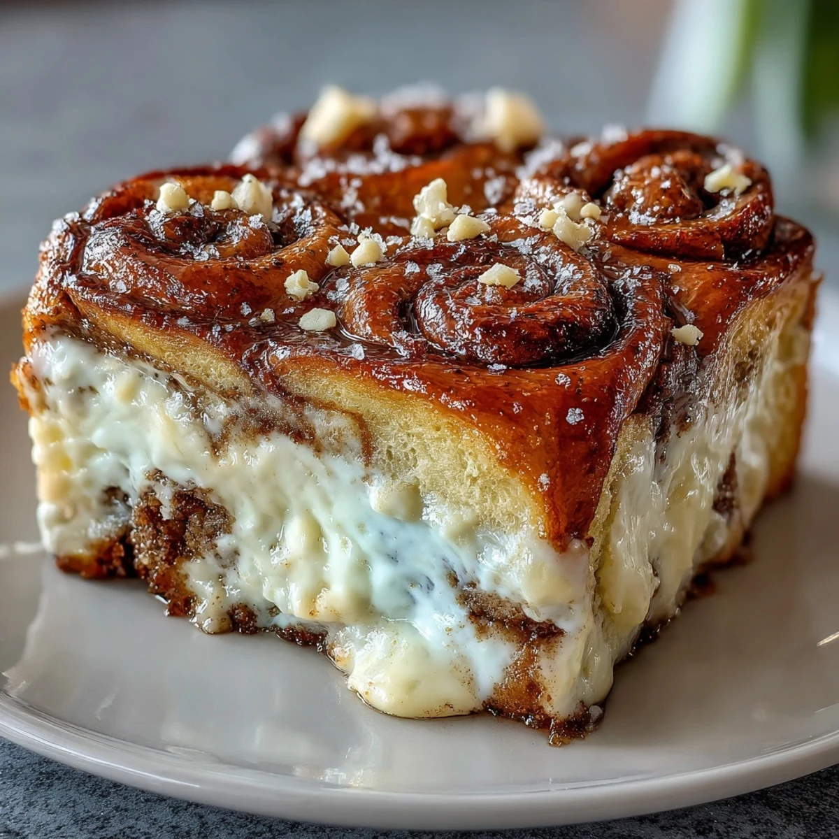 Rebanadas de Cream Cheese Swirl Cinnamon Roll French Toast Bake con caramelo, perfectas para desayuno