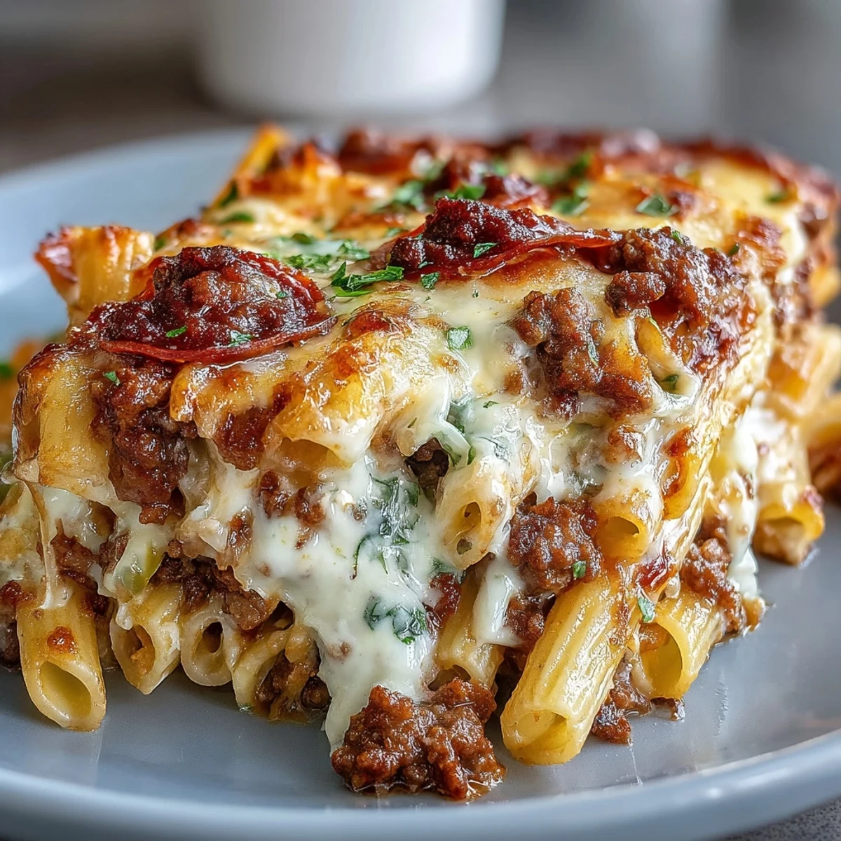 Bowl de High-Protein Pizza Pasta Bake con pepperoni y queso fundido, sirviendo 6 porciones.