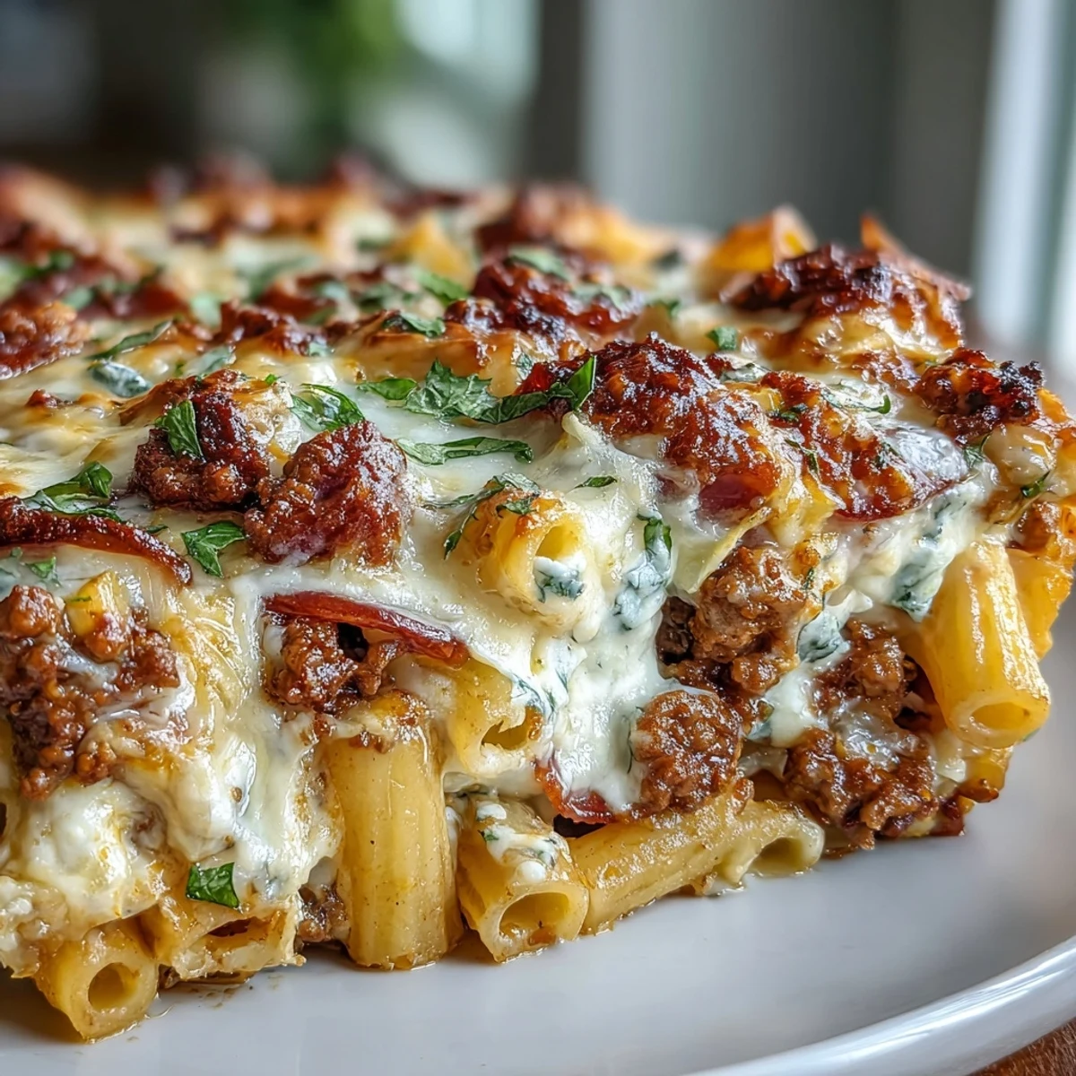 Corte transversal del High-Protein Pizza Pasta Bake, mostrando salsa cremosa de yogur y carne magra.