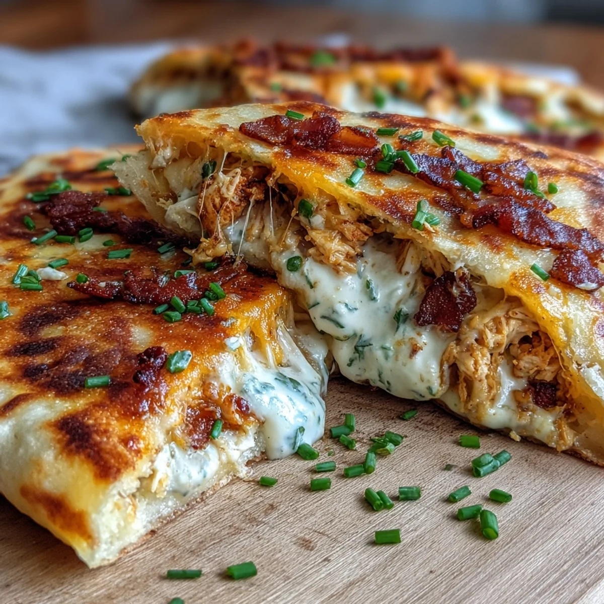 Sizzling Ranch Crack Chicken Stuffed Naan wedges showing creamy ranch chicken, gooey cheese, and bacon.