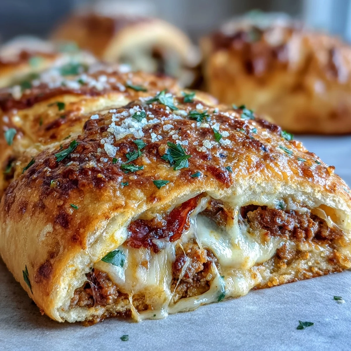 Recién horneado Baked High-Protein Pepperoni Stromboli con masa dorada y relleno de carne y pepperoni