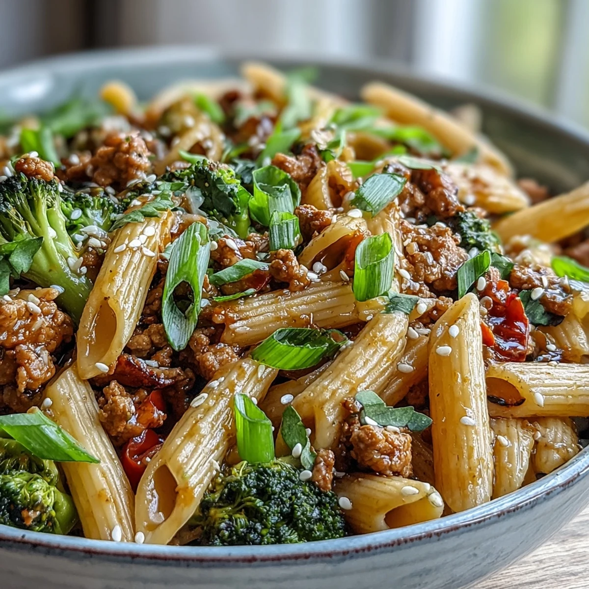 Close-up of a skillet of sweet and spicy turkey broccoli pasta with diced red bell pepper, highlighting the steam.