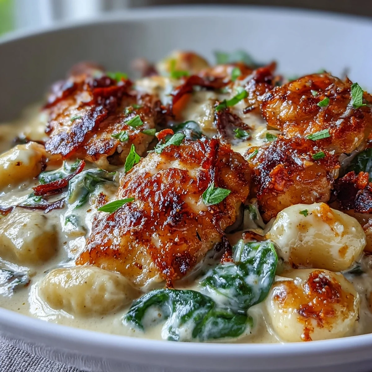 One-Pan Creamy Garlic Chicken Gnocchi simmering in a skillet with wilted spinach and melted Parmesan garnish.