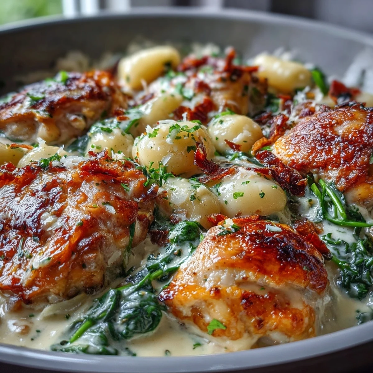 Golden-baked One-Pan Creamy Garlic Chicken Gnocchi in an oven-safe skillet, dotted with fresh spinach leaves.