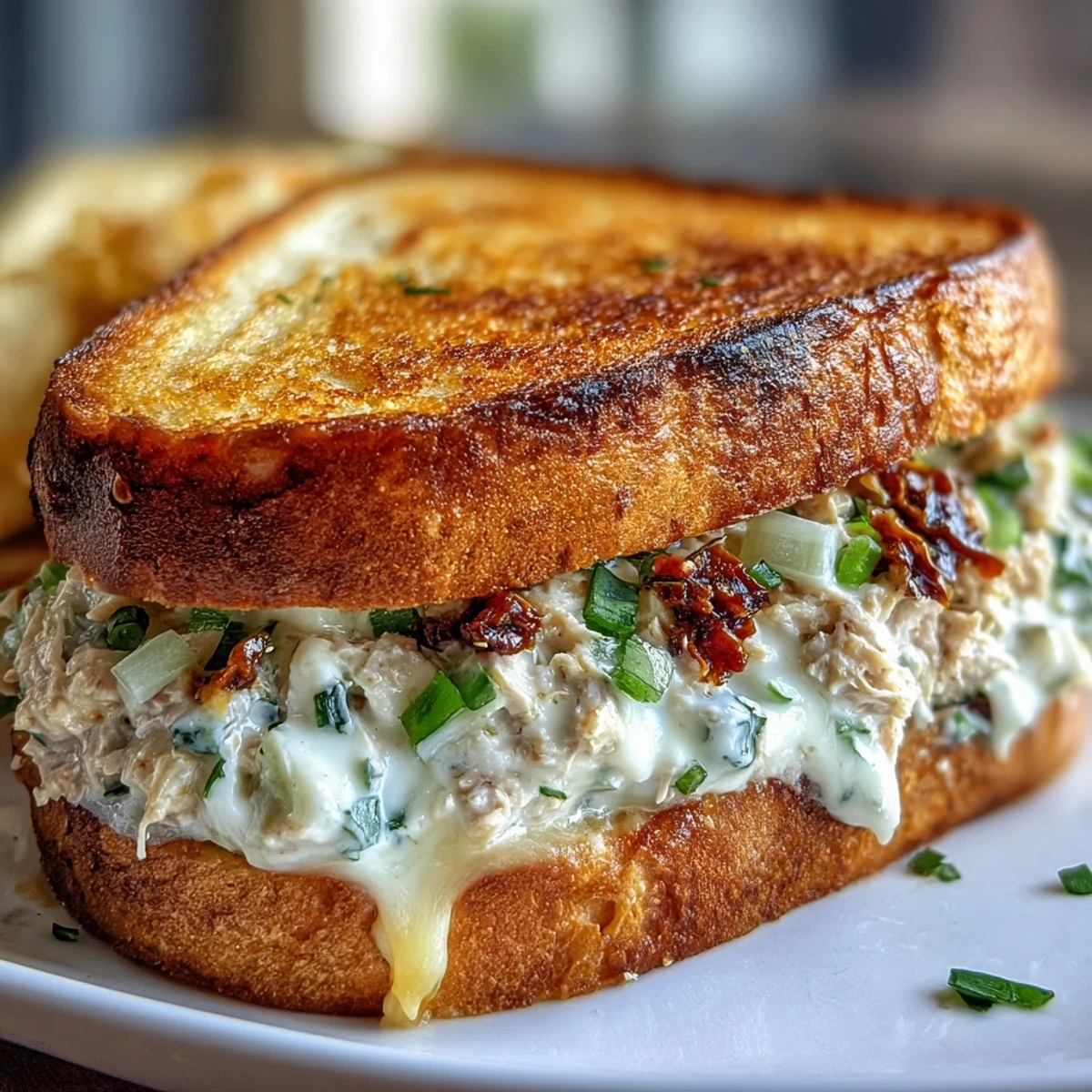 Sándwich Spicy Tuna Melt with Calabrian Chili con atún cremoso, queso fundido y aceite de chile Calabriano sobre tostadas rústicas.