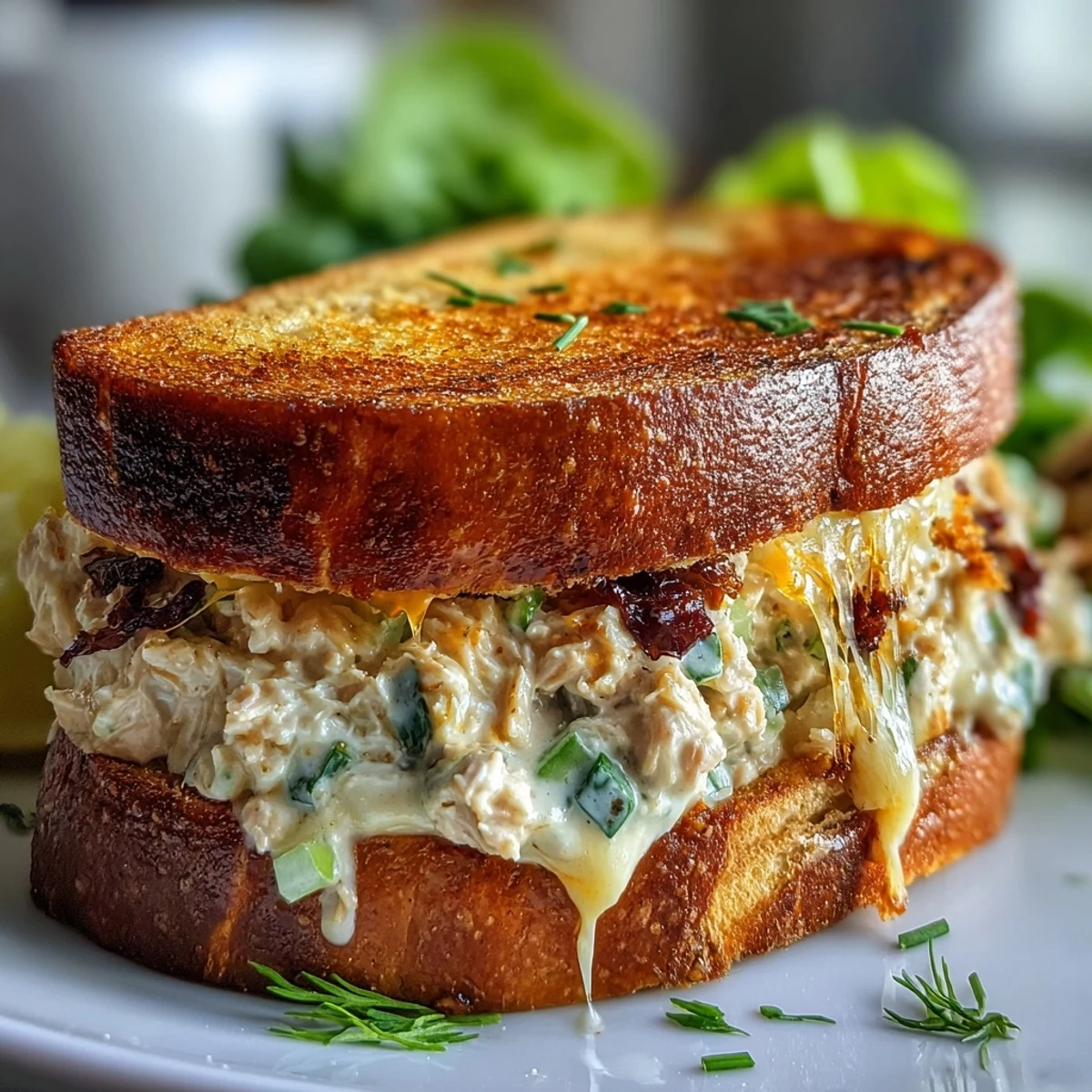 Primer plano del Spicy Tuna Melt with Calabrian Chili mostrando capas de atún especiado y queso derretido, ideal con ensalada verde.