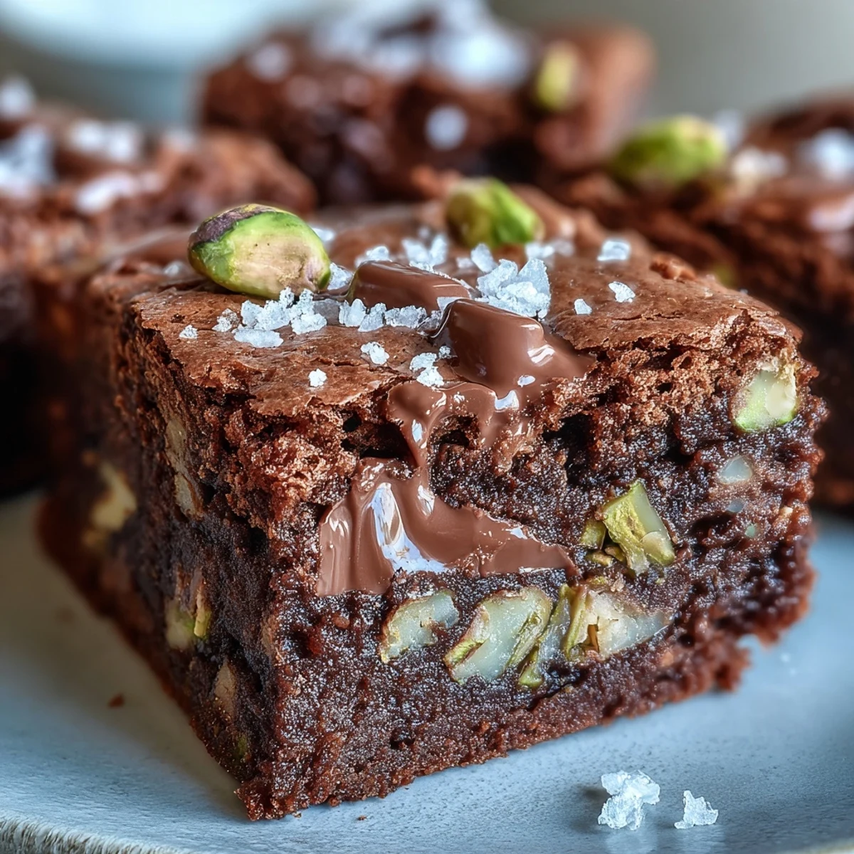 Pastel de pistachos y chocolate cortado en cuadrados, con migas húmedas y virutas de chocolate oscuro en una tabla.