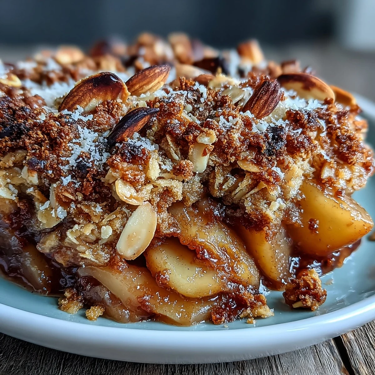 Warm Cardamom-Spiced Apple Crisp baked with tender apples and a crunchy oat almond topping, served in a white dish.