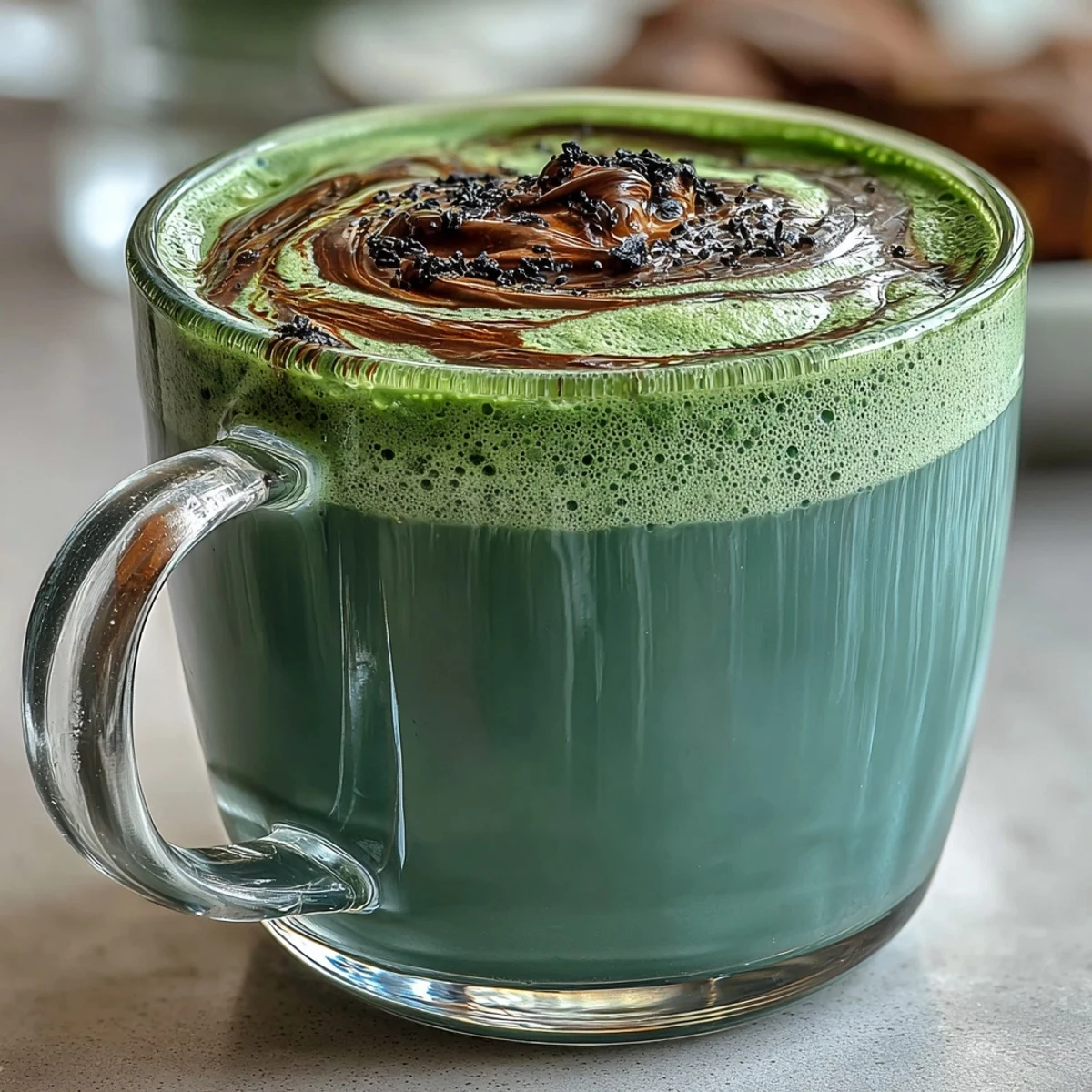 Warm Black Sesame Matcha Latte poured over the black sesame paste, creating a marbled effect in a ceramic mug.