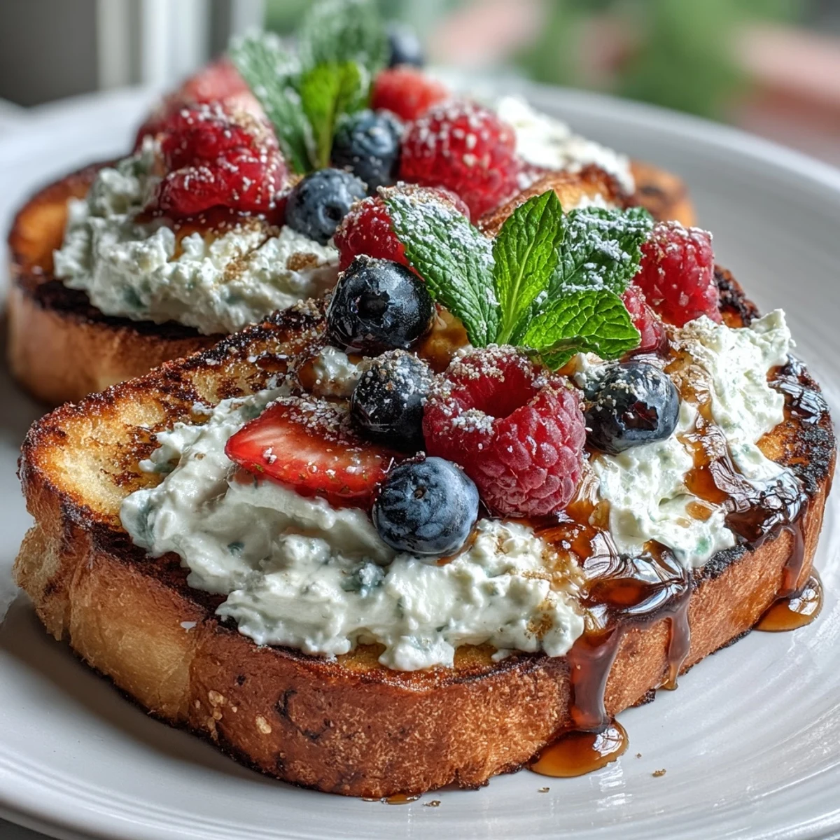 Crujiente rebanada de pan de masa madre con ricotta cremosa, miel salada y frutos rojos frescos.