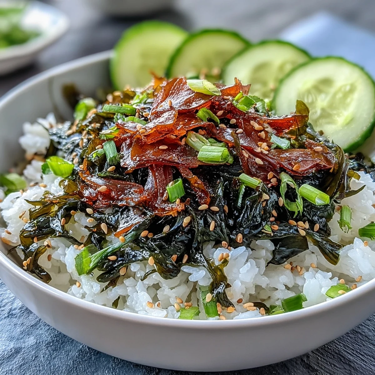 Bowl de arroz con nori y algas con wakame hidratado, cebollín picado y palitos de nori crujientes.