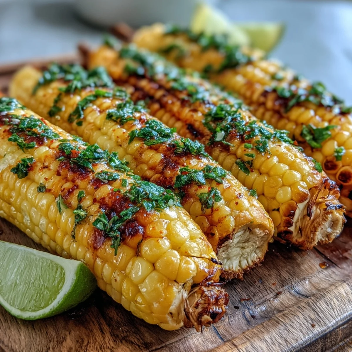 Golden Miso-Butter Corn on the Cob steaming on a platter, brushed with savory umami sauce and topped with fresh chives.