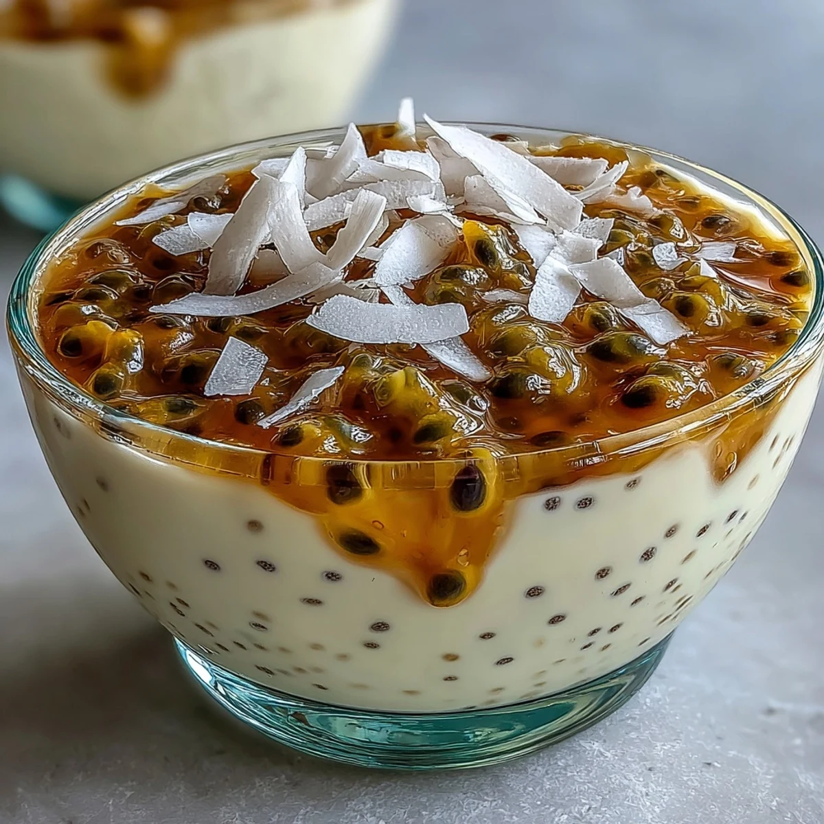 Visión de cerca de la Passionfruit Chia Pudding, mostrando la textura cremosa de las semillas de chía con coco y puré de maracuyá.
