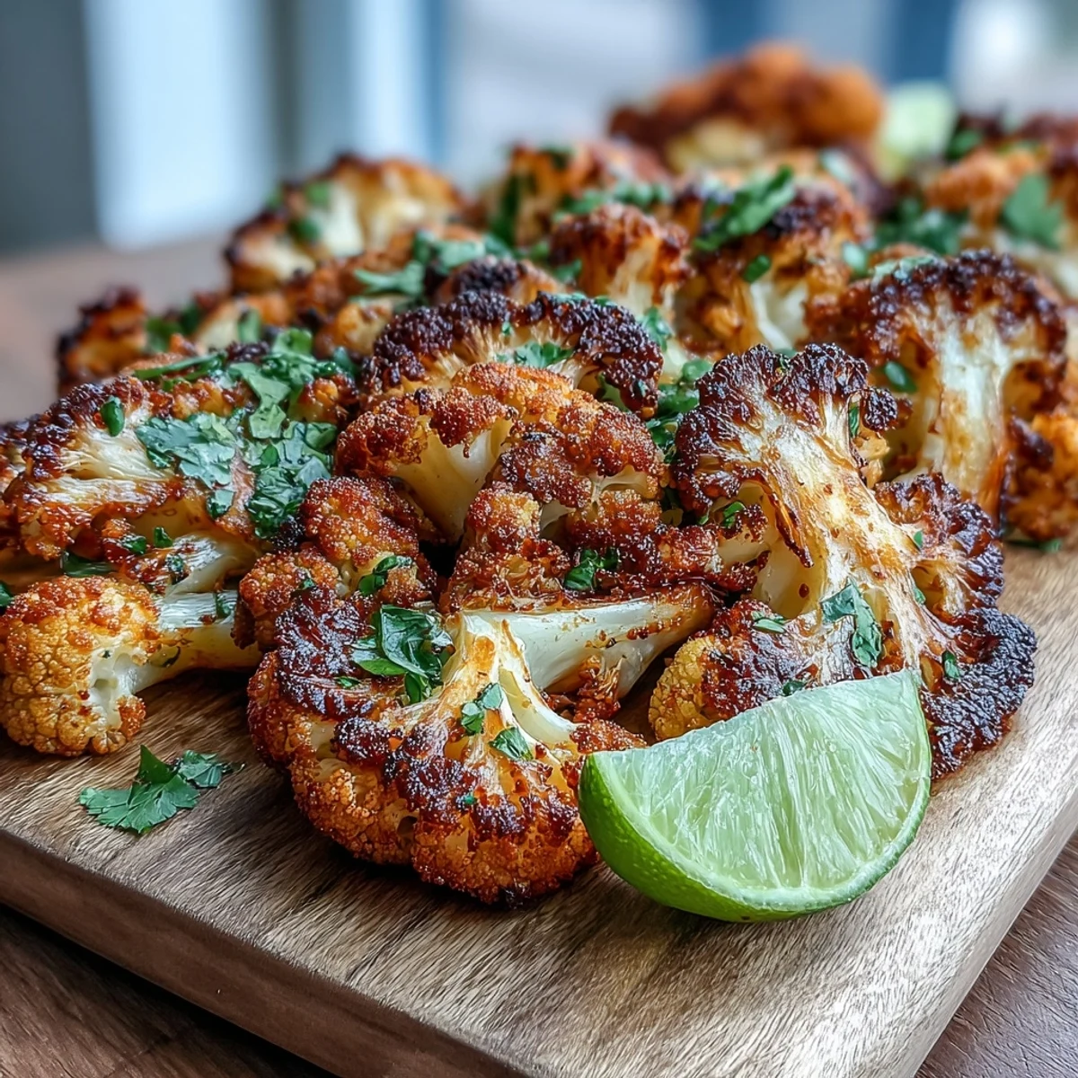 Coliflor con especias jerk, dorada y crujiente, servida con guarnición de cilantro y limón.