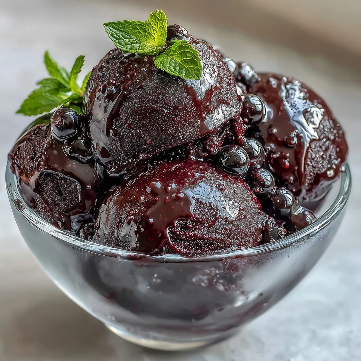 Deliche Black Currant & Gin Sorbet en copa de cristal, con escarcha y una ramita de menta.