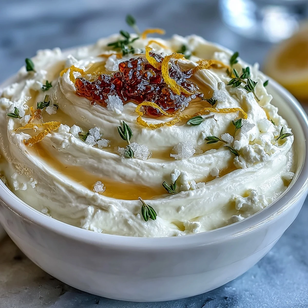 Aperitivo mediterráneo de Salteada de Feta Batido con Miel y Sal, decorado con flores secas y un toque de aceite de oliva.