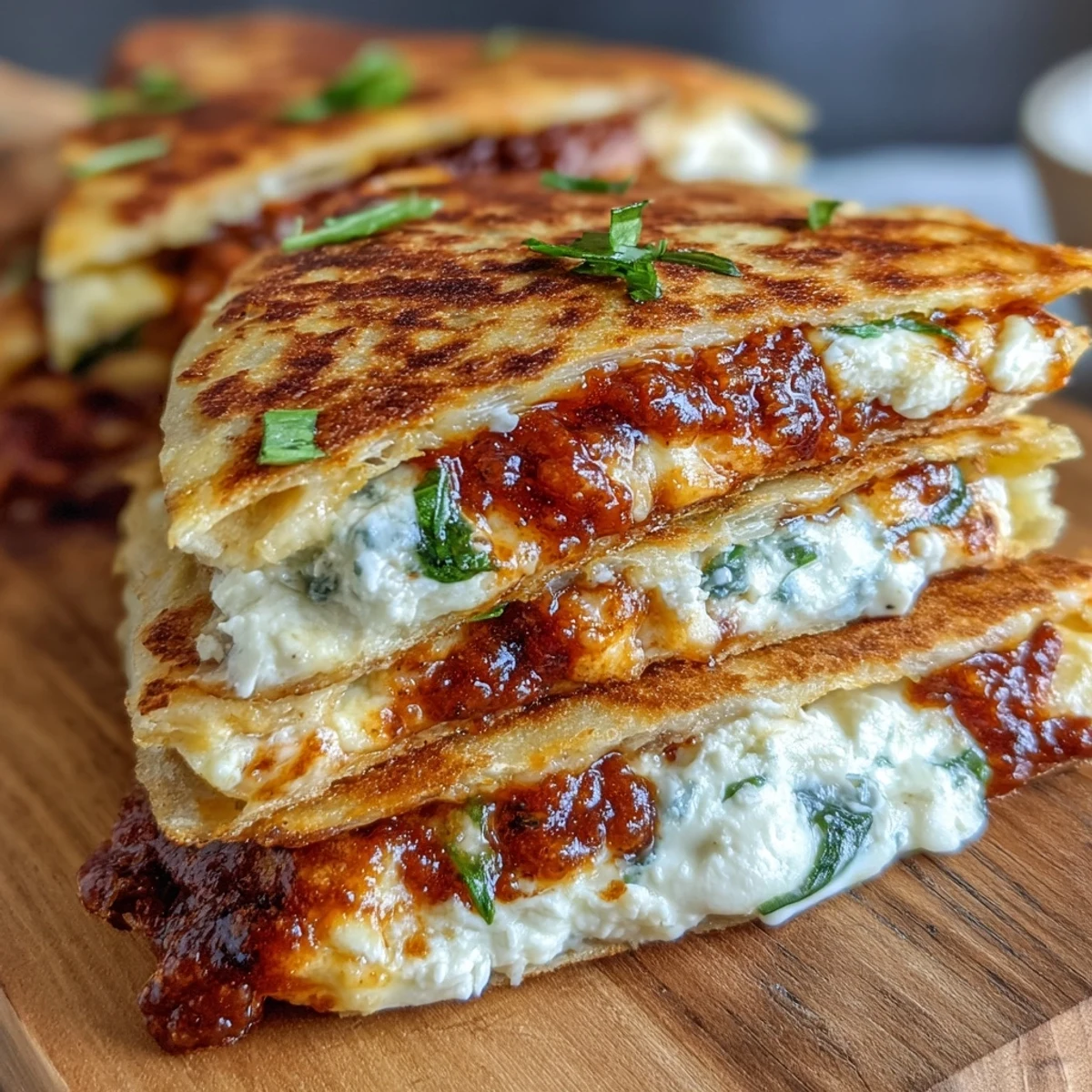 Overhead view of a bubbling Chilli Jam & Goat Cheese Quesadilla in a skillet, highlighting the vibrant chili jam spread.