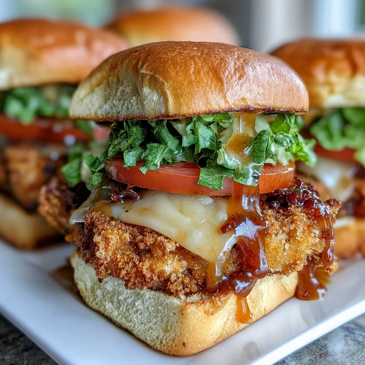 Deliciosos Honey Mustard Chicken Sliders para fiestas o cena rápida, con pollo empanizado y queso cheddar derretido.