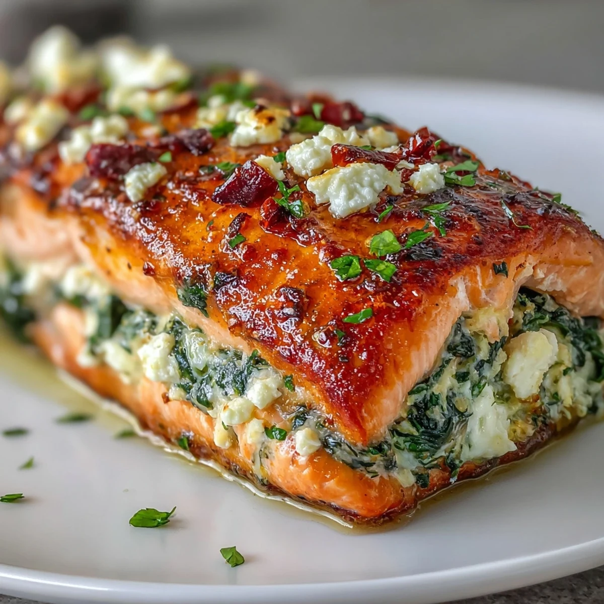 Fork-tender Simple Baked Stuffed Salmon with Spinach and Feta served with a crisp green salad for dinner.