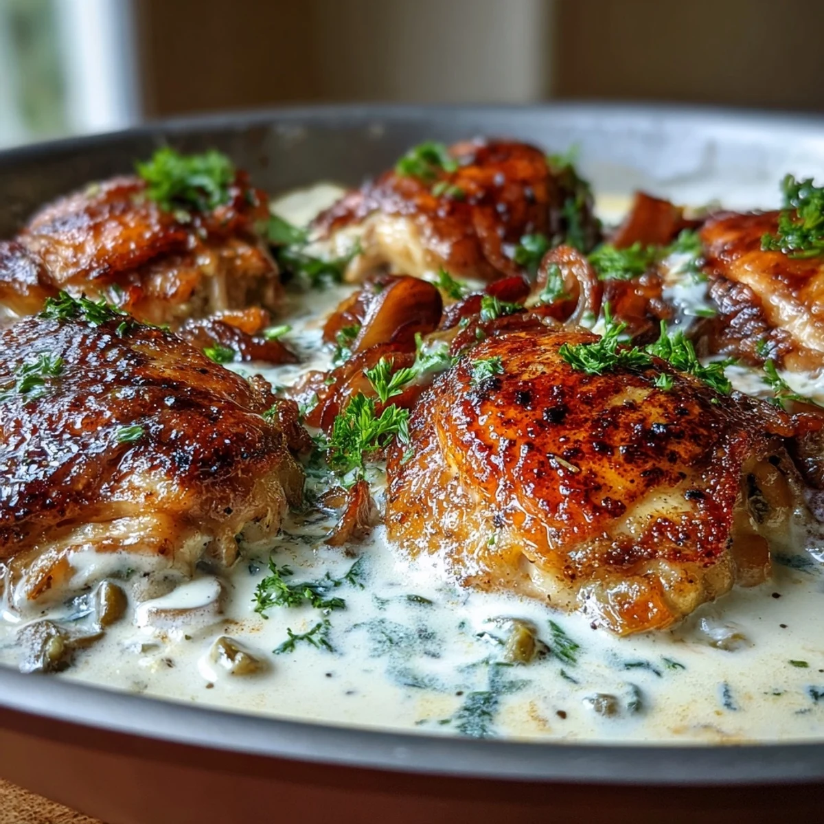 Cremosa Creamy Pepperoncini Chicken Skillet en sartén, con salsa de nata y pollo dorado.