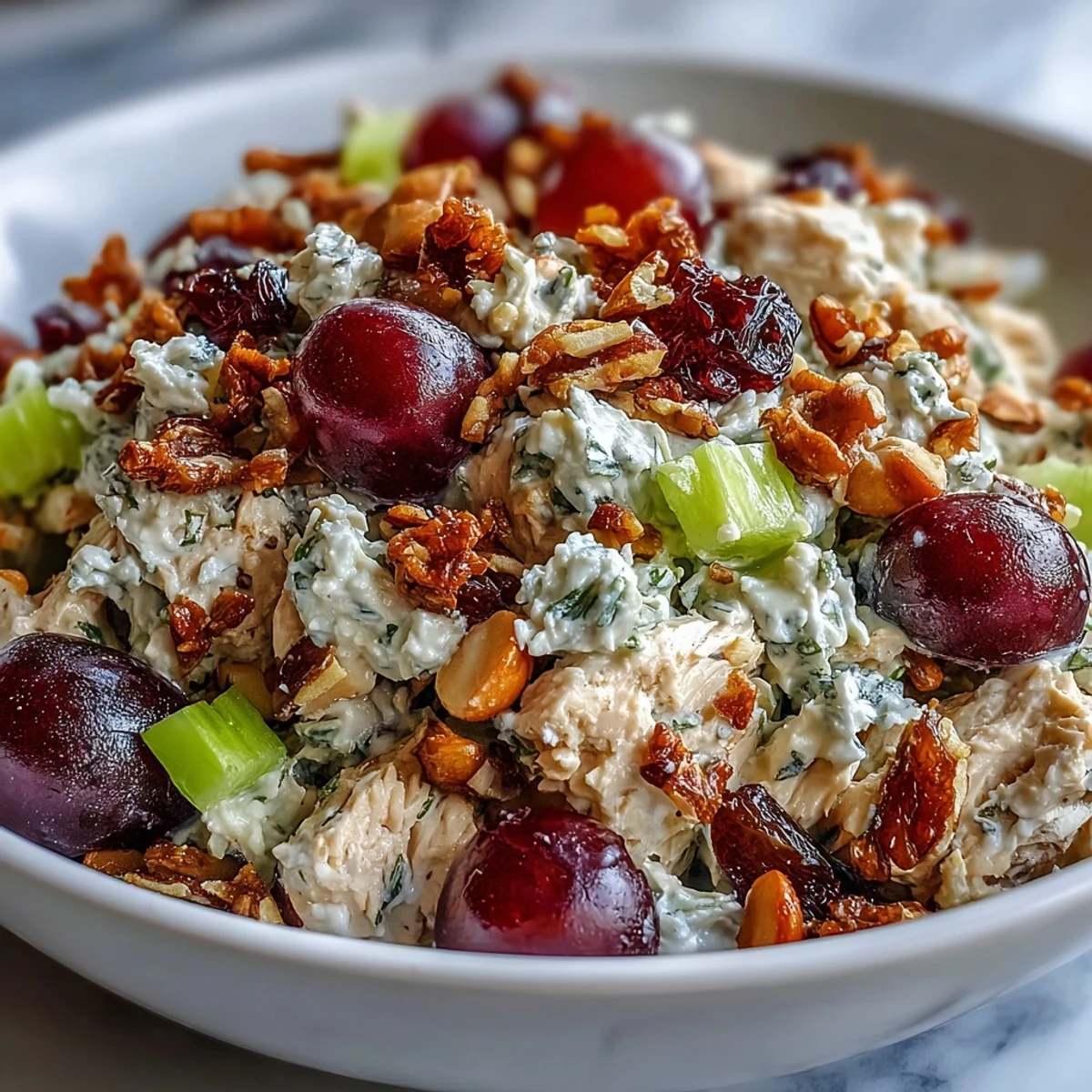 Sabrosa Vegan Chicken Salad recién mezclada, con cerezas secas y limón, lista para servir en pan de semillas.