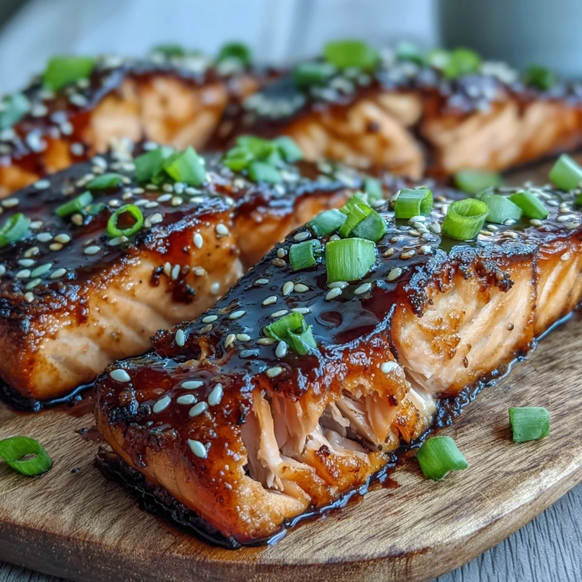 Apetitoso plato principal de Teriyaki Glazed Salmon con brillo azucarado, perfecto para cenas rápidas y sin lácteos, lista para servir.