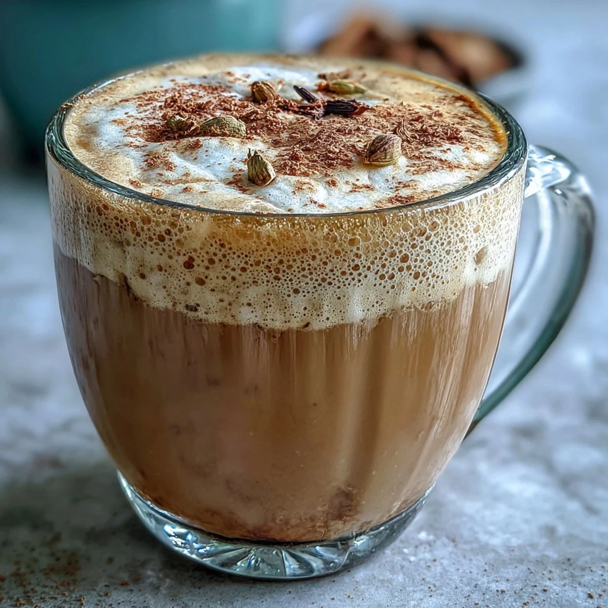 Freshly brewed Cardamom Chai Latte poured into a mug, garnished with cinnamon beside crushed spices.
