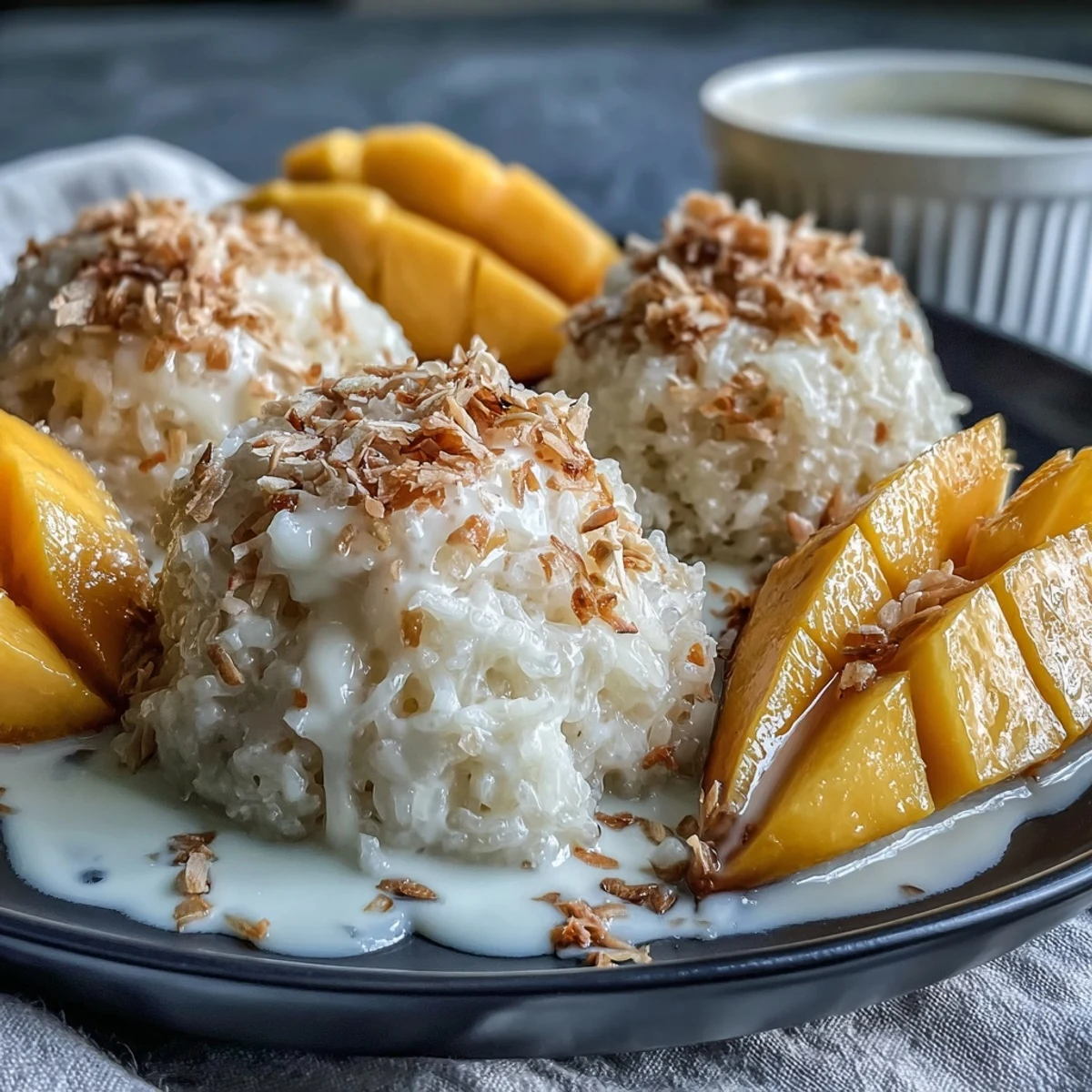 Freshly steamed Mango Sticky Rice plated with sweet coconut sauce and ripe mango for a tropical dessert. 