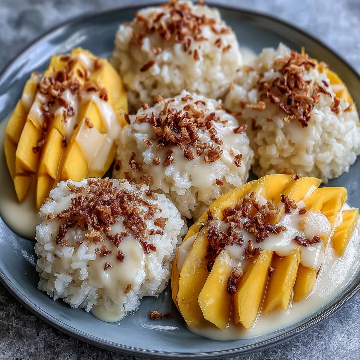 Vibrant Mango Sticky Rice dessert served warm, featuring coconut-infused rice, sliced mango, and sesame garnish.